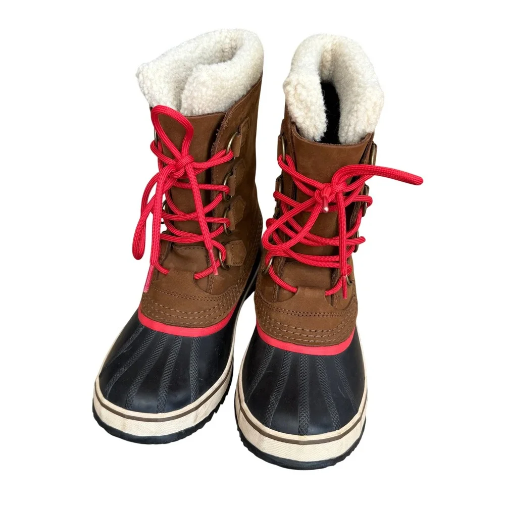 Sorel Caribou Waterproof Winter Boots Tan Suede Red Laces Women Size 8 Excellent